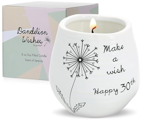 Pavilion Gift Company - 8 Oz Candle Holder - White Ceramic Candle Jar with 100% Soy Wax Candle Serenity Scent Make a wish Happy 30th Ideal Gift for Loved Ones - Printed Text, Love Theme & Oval Shape