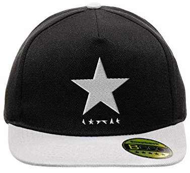 BroiderStudio Black Star David Bowie White Schwarz/Grau Hut Flacher Gipfel Verstellbar Snapback Unisex Original Bestickte Urban Logo Mütze
