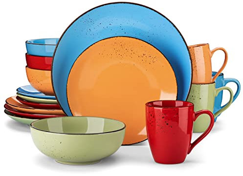 vancasso NAVIA Tropical Dinner Set, Stoneware Vintage Look Multicolored Dinnerware Tableware, 16 Pieces Dinner Service Set for 4, Include Dinner Plate, Dessert Plate, Cereal Bowl and Mug