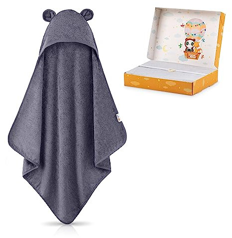 FUCHSUNDPANDA ® Kapuzenhandtuch Baby EXTRA dick, warm & weich | 75x75cm Babyhandtuch mit Kapuze (100% Bambus) | Baby Handtuch Kapuze mit toller Geschenkverpackung (Blau-grau)