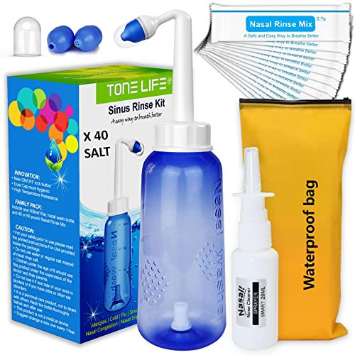 40 Sal + Olla Neti 300 ml + Pulverizador Nasal Hidratante [Cuidado Diario de la Nariz] + Bolsa de Viaje Impermeable - Paquete de Recarga de Solución Salina de Lavado, Limpiador de Nariz