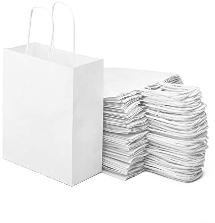 Miamex Set di 40 borse in carta kraft con manici 18 x 8 x 21 cm, borsa da gara, confezione regalo, colore: bianco