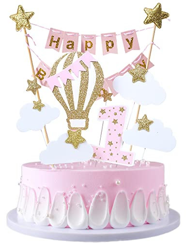 JKJF Decoración para Tarta de Primer Cumpleaños de Niña, Guirnalda con Purpurina, Feliz Cumpleaños, para Fiesta Rosa