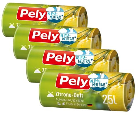 Pely Lot de 4 x 14 sacs poubelle avec cordon de serrage parfum citron – climatiquement neutralisés par compensation, lot avantageux (4 x 14 pièces), jaune, pour l'élimination des déchets résiduels (25