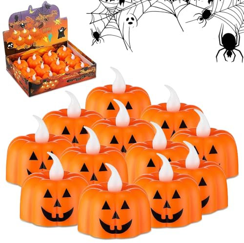 Aongray 12PCS Pumpkin Tealights Candles Flameless Halloween Party Decorations, Flickering Candle Lights Battery Operated LED Tea Lights - 3D Orange Lanterns Candles for Halloween Parties