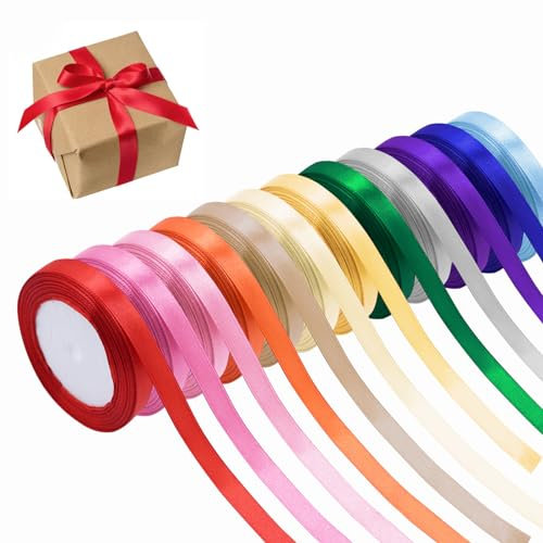 12 Farben Satinband, 10mm 22M Massives Stoff Satinband, Regenbogen Rolle Set, Doppelseitiges Dünnes, Polyester Geschenkband, für Bastelarbeiten, Schleifen, Geschenkverpackungen