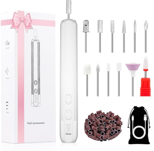 Electric Nail Drill, Professional Manicure Pedicure Kit, Cordless Electric Nail File Set, Rechargeable Pedicure Tools for feet, 3 Speeds Hand Foot Care Nail Drill for Thick Nail Toenail Cuticle-White