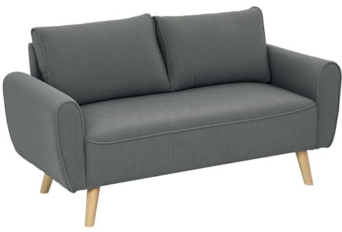 HOMCOM Zweisitzer Sofa mit 2 Kissen, Polstersofa mit 54cm extra tiefen Sitzen, Doppelsofa aus Cord, klein Sofa mit Holzrahmen 2er Couch für Wohnzimmer Schlafzimmer Büro, 145 x 75 x 78 cm, Dunkelgrau