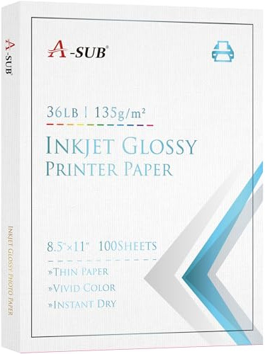 A-SUB Glossy Thin Inkjet Printer Paper for Chip Bag, 100 Sheets 8.5x11 Inch 36lb 135gsm Flyer Brochure Paper for Inkjet Printer with Dye Ink, Single-Sided Print