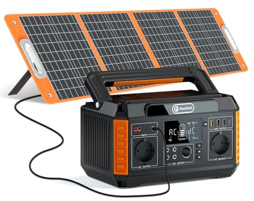 FF FlashFish 560W Generateur Electrique Portable avec Panneau Solaire 100 W,Station Electrique 520Wh,Batterie Solaire 5 Sorties CC et 4 USB, Alimentation de Secours pour VR,Extérieur, Domestique