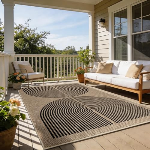 Capslpad Outdoor Teppich 120x180cm, Jute Aussehen Wetterfest Teppich, Robuster Flachgewebe Waschbar Teppiche, Double Arc Design rutschfest Küchenteppich für Wohnzimmer, Balkon, Eingang, Küche