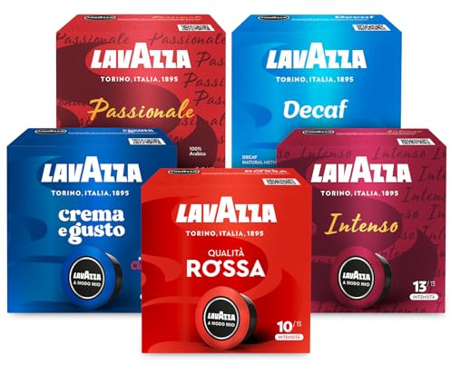 Lavazza A Modo Mio, Mix di Capsule Qualità Rossa, Crema e Gusto, Dek Cremoso, Passionale e Intenso, 180 Capsule Caffè, 5 Confezioni da 36 Capsule