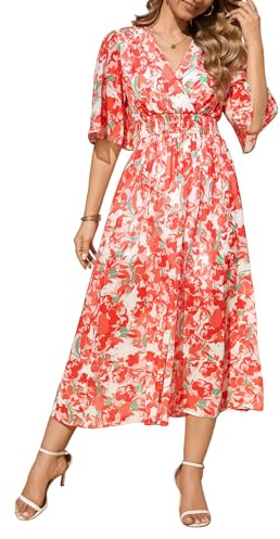 PASUDA Robe Longue Femme Été Manches Courtes Col V Chic et Elegant Floral Robe D'été Taille Haute Élastique Bohème Robe de Plage Décontractée Fête Vacances Mariage Aniversaire (Fleurs Rouges, XXL)