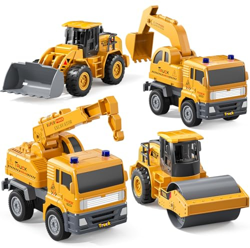 KukuFun 4-Pack Truck Toys for Boys 3-5 Year Old，Construction Sandbox Toy Set with Excavator，Indoor/Outdoor Sand Toys for Kids Toddlers Girls Age 3-8，Birthday Gifts