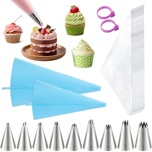 50 mangas pasteleras desechables con 9 boquillas de acero inoxidable, 2 mangas pasteleras de silicona reutilizables, 2 pinzas para manga pastelera, accesorios para hornear para decorar pasteles