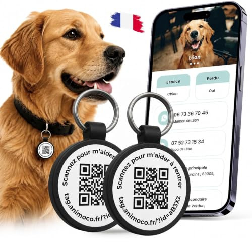 Médaille Chien Chat Personnalisée QR Code - Lot de 2 - Plaque d'Identification & Contact Immédiat lors du Scan - Gravure Inaltérable - Silicone Étanche - Marque Française - Sans Abonnement - Animoco