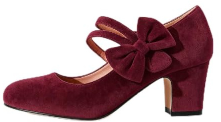 Womens Block Heel Pumps Bow Detail Mary Jane Dress Court Shoes Wine
