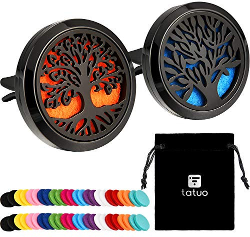 Tatuo 2 Stücke 316L Edelstahl Auto Aromatherapie Ätherisches Öl Diffusor Lufterfrischer Entlüftungs Clip Medaillon mit 48 Stücke Ersatz Filz Pad (Baummuster-Schwarz)
