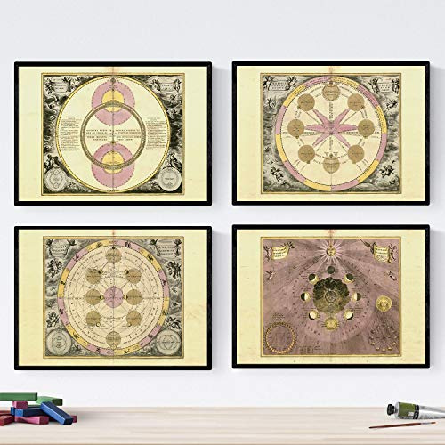 Nacnic Set di quattro piatti con antiche mappe astronomiche. Poster mappe astrologiche in formato A4
