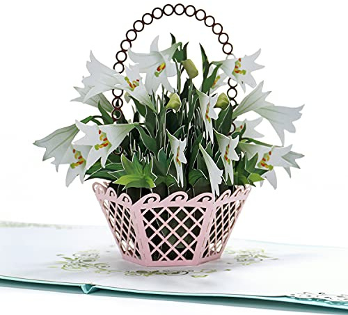CUTPOPUP Popup-kort med korg med vita liljor, mors dag-kort, 3D handgjord gratulationskort med blomma, gratulationskort, sympati, tänker på dig- kort.