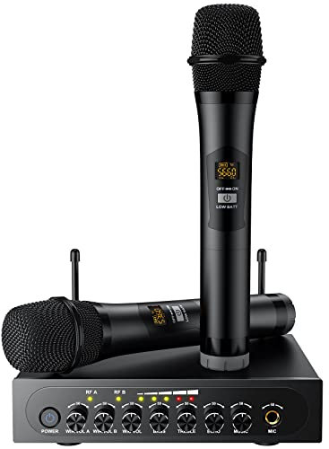 PROZOR UHF Wireless Microphone - Dual Handheld Microphone Support Bluetooth Receive With Video Composite Input Output Karaoke MIC 196ft Range Reverb Treble and Bass Adjustment for Party Church Meeting