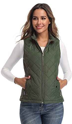 LONGKING Outwear-Weste für Damen, Stehkragen, leicht, Reißverschluss, Steppweste, Grün (Army Green), L