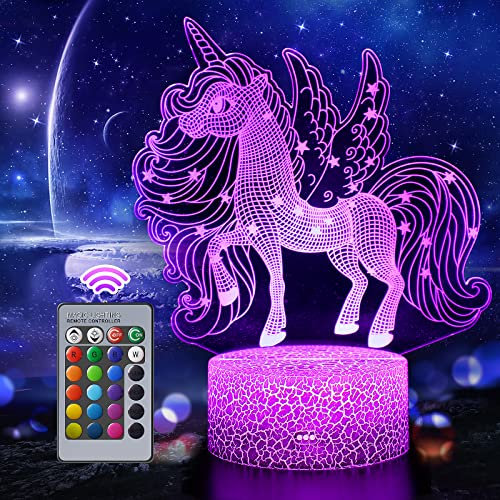 Einhorn geschenke für Mädchen, 3D Nachtlicht, LED Illusion Lampe, Stimmungslichter mit Touch & Fernbedienung, 16 Farben Wechselnd Dekoration Nachttischlampen, Geschenke für jungen Mädchen Kinder