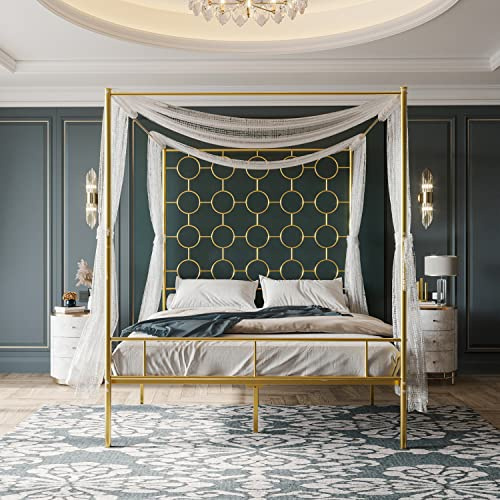PAUKIN Gold Metal Canopy Bed Frame Queen/Mattress Foundation with Steel Slat Support/No Box Spring Needed/Easy Assembly (Gold, Queen)