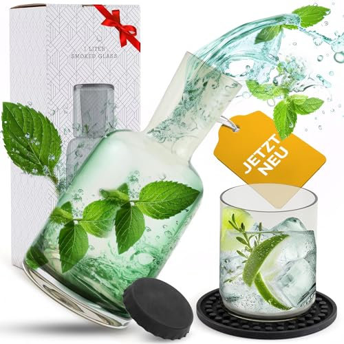 CASA.INARO® edle Glaskaraffe | Wasserkaraffe 1 Liter mit Glas | Wasserkrug | Tropfenfrei | Nachttisch [Karaffen Set mit Untersetzer & Deckel] Als Geschenk zum Geburtstag | Rauchglas grau/grün