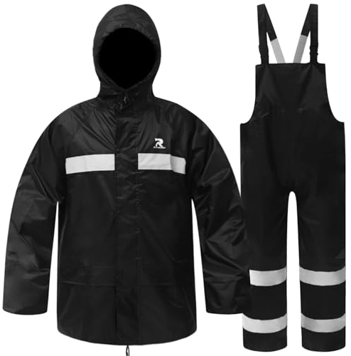 RainRider Rain Suits for Men Women Waterproof Fishing Rain Jacket Bib Pants Lightweight Reflective 3-Piece Rain Gear (Black, S)