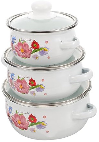 Happyyami Pentola da cucina in 3 pezzi, smaltata, delicata, resistente all'usura, smaltata, con due manici, delicata pentola per zuppa smaltata