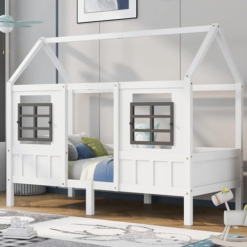 Sweiko Lit Simple, 90x200cm Lit en Bois avec 2 Fenêtres, Lit Cabane avec Sommier à Lattes, Cadre en Pin, MDF, pour Fille et Garçon, Blanc(sans Matelas) (90x200CM(sans tiroir))