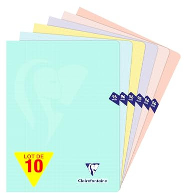 Clairefontaine 308361Cpack Un lot de 10 Cahiers Agrafés Mimesys PASTEL - 24x32 cm - 96 Pages Grands Carreaux - Papier Blanc 90 g - Couvertures Polypro Opaques Assorties Aléatoires
