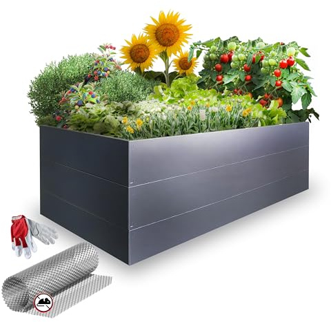 GARTENDEK® Jardinière surélevée pour Jardin en métal 170x85x63 cm – Acier revêtu de polymère pour Une Longue durée de Vie, Parterre à Herbes avec Filet Anti-Taupe (Gris)