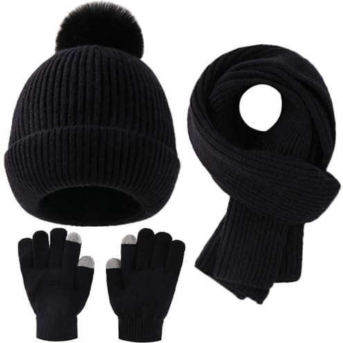 Yaopelky Niño Niña Gorro Beanie Bufanda Guantes con Pantalla táctil Juego de Gorro Tejido Cálido con Pompón Bufanda Larga para el Cuello Calentadores de Manos, Negro , Einheitsgröße für Kinder von 4