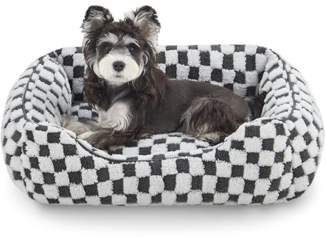 JOEJOY Dog Beds for Small Dogs -Cute Cat Beds for Indoor Cats Calming Pet Beds, Rectangle Orthopedic Cuddle Puppy Bed with Jacquard Shaggy Plush & Anti Slip Bottom, 20x19x6inches, Grey