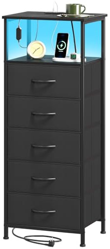 Somdot Tall Chest of Drawers for Bedroom with Charging Station and LED Light, 5 Drawers Storage Unit with 2 Outlets and 2 USB Ports for Kids Dorm Living Room Closet, Black | Fabric-Bin Dresser for Bedroom, Bedside, Kids Room, Dorm, Closet, Laundry and Entryway, Black