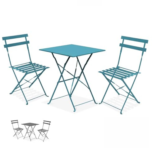 PALUPLUS Set da Bistrot 3 Pezzi, Tavolo Pieghevole QUADRATO 60x60x71 cm, 2 Sedie in Metallo 41x46x80 cm, Ideale per Balcone e Giardino, Design Elegante e Salvaspazio -7094F-15,8 (Verde Acqua)