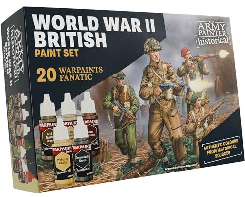 The Army Painter, Historical: WWII British Paint Set, 20 x 18 ml Warpaints Fanatic: 14 acrylic, 4 Washes, 1 Effect & 1 Metallic - Miniature Paint for British Armed Forces