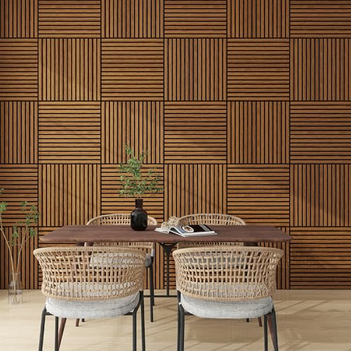 NEU.HOLZ Set di 8 Pannelli Murali 3D Fonoassorbenti 60x60 cm a Listelli Dritti per Pareti Soffitti Moduli Decorativi Copertura 2,88 m² - Effetto Legno Teak