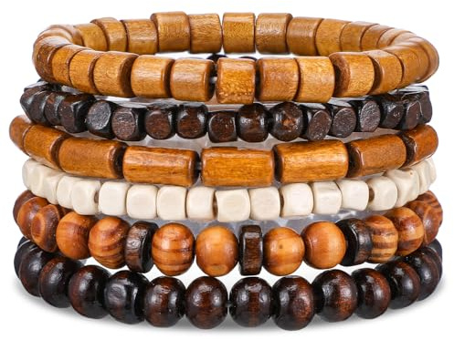 Telooco 6 Piezas Pulseras de Cuentas para Hombre Vintage Elástica Pulsera de Madera Multicapa 19 cm Pulseras de Perlas Desmontable Pulsera Gótica Ajustable para Hombre Mujer (Marrón Claro)
