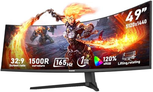 Gawfolk 49 inch Ultra-Wide Curved 1500R Gaming Computer Monitor, DQHD(5120×1440), 165Hz, 1MS, FreeSync, 120% sRGB, Height Adjustable PC Screen, HDMI2.1,DP1.4, Compatible Wall Mount 75 * 75mm- Black