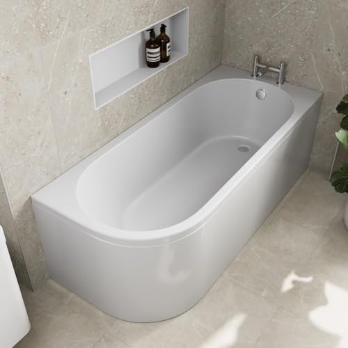 Baystone® 1700 x 725mm Single Ended J Shaped Shower Bath Tub with Side Panel White Gloss Acrylic Luxury for Bathroom Corner Modern - Right Hand