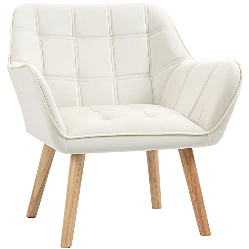HOMCOM Fauteuil Salon avec Dossier Haut et accoudoir rembourré Chaise Coiffeuse scandinave Pied en Bois revêtement Effet Velours 67 x 61,5 x 71 cm crème