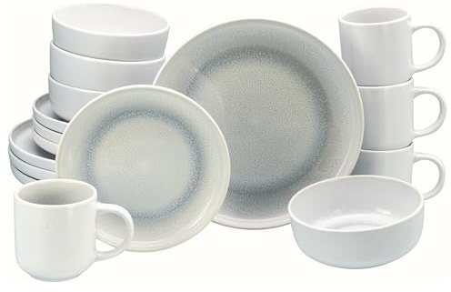 CreaTable, Serie Nordic Fjord, set di stoviglie in gres porcellanato, lavabile in lavastoviglie e microonde, produzione di qualità (servizio combinato da 16 pezzi, bianco ghiaccio)