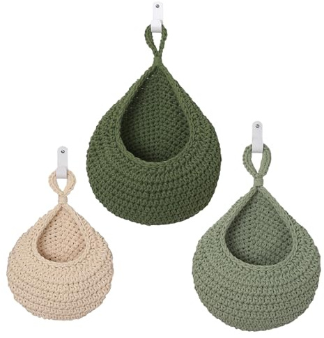 Mocifa 3 Piezas Cesta Frutas Colgante Cesta Fruta Pared Tejidas a Mano con Ganchos Cestas Almacenaje Colgantes Cocina Cestas Colgantes para Frutas y Verduras, Cocina, Salón (Verde, Beige)