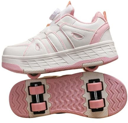 Surwin Zapatillas con 4 Ruedas Niña, Zapatos con Patines para Niñas Zapatos Deportivos de Niños con Ruedas 2 en 1 Hebilla Giratoria Zapatillas de Skateboard 30-40 EU Roller Skate Shoes