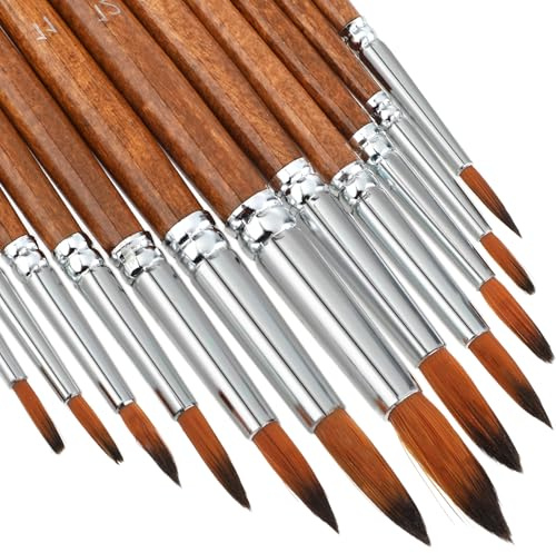 12 Pack Watercolor Brushes Artist Watercolor Paint Brushes Professional Round Pointed Tip Paint Brush Set for Water Color, Acrylics, Gouache, Oil, Body, Face (Brown)