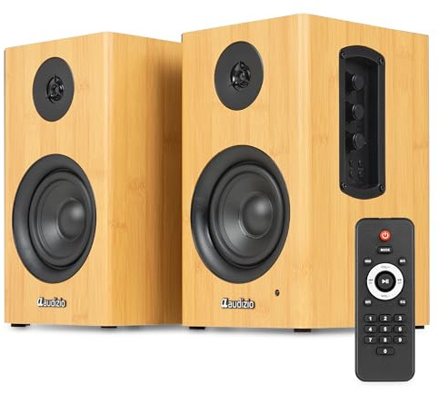 Audizio BS15 Altavoces HiFi estantería 60W Bluetooth HDMI ARC, bambú | HDMI ARC, Bluetooth 5.3, RCA, control de graves y agudos, diseño compacto en bambú