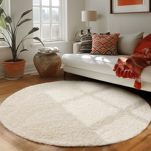 Carpettex Tapis Rond pour Le Salon, Design uni à Poil Long, Moderne et Moelleux, Couleur: Crème, Taille: 160 cm Rond